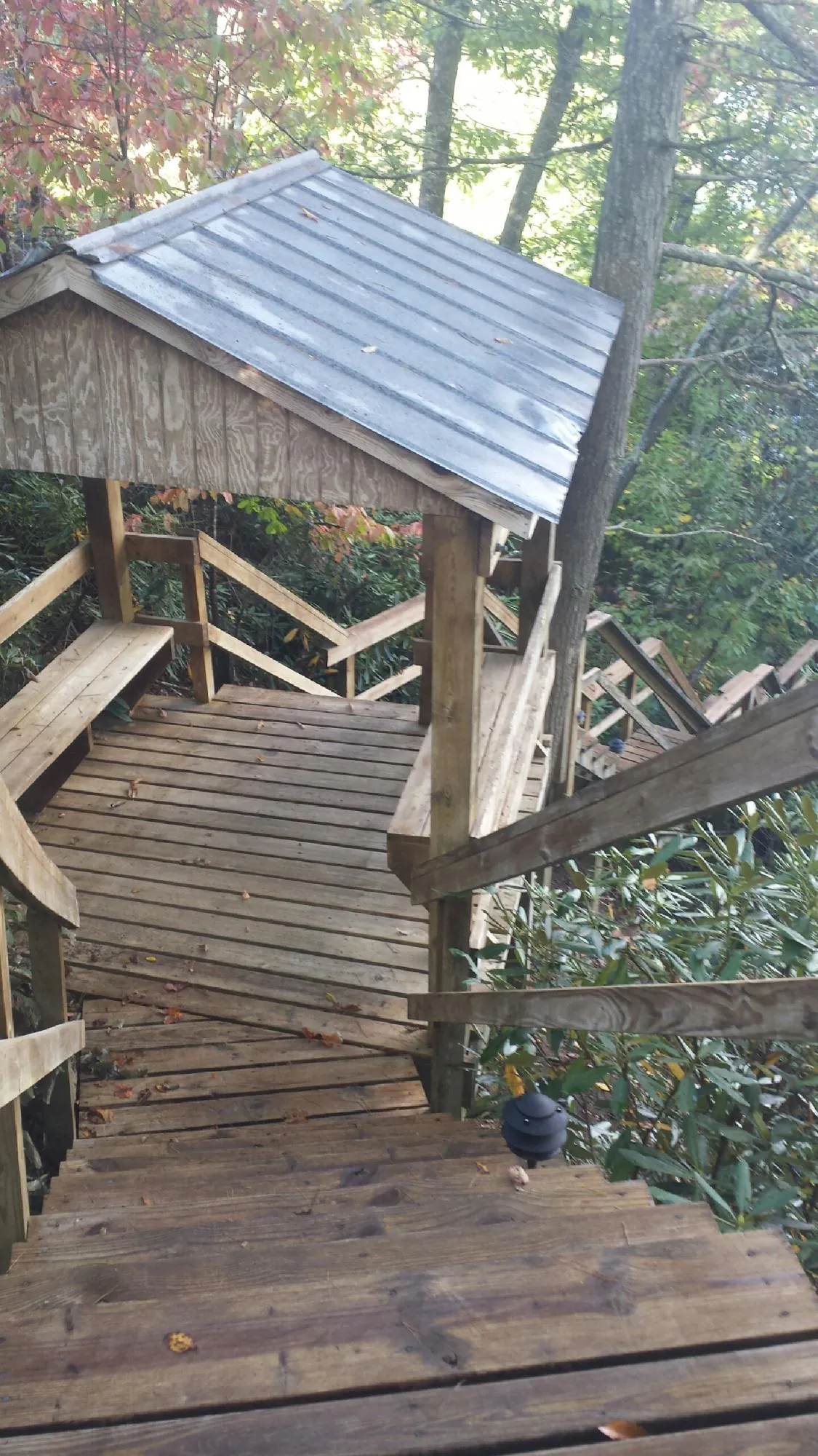 Metal roofed shelter over wooden steps on a wooded walkway — Skylight Repair & Installation work by our crew in Wishram